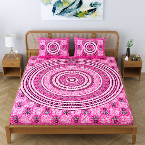 SheetKart Lily Floral 144 TC 100% Cotton Double Bedsheet Jaipuri Printed Bed Cover with 2 Pillow Covers - Pink Pearl 