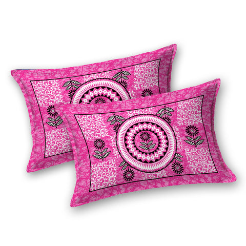SheetKart Lily Floral 144 TC 100% Cotton Double Bedsheet Jaipuri Printed Bed Cover with 2 Pillow Covers - Pink Pearl 