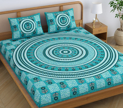 SheetKart Lily Floral 144 TC 100% Cotton Double Bedsheet Jaipuri Printed Bed Cover with 2 Pillow Covers - Creek Turquoise 