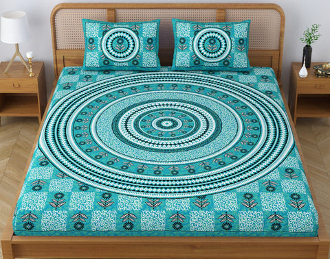 SheetKart Lily Floral 144 TC 100% Cotton Double Bedsheet Jaipuri Printed Bed Cover with 2 Pillow Covers - Creek Turquoise 
