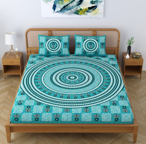SheetKart Lily Floral 144 TC 100% Cotton Double Bedsheet Jaipuri Printed Bed Cover with 2 Pillow Covers - Creek Turquoise 