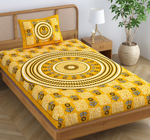 SheetKart Blossoms 100% Pure Cotton Jaipuri Printed Bedsheet for Single Bed with 1 Pillow Cover, Traditional Ethnic Bed Cover - Supper Yellow