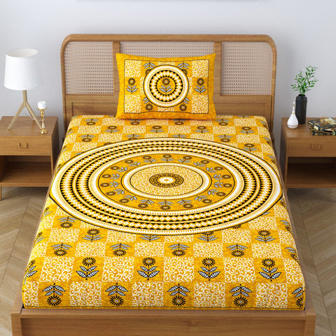 SheetKart Blossoms 100% Pure Cotton Jaipuri Printed Bedsheet for Single Bed with 1 Pillow Cover, Traditional Ethnic Bed Cover - Supper Yellow