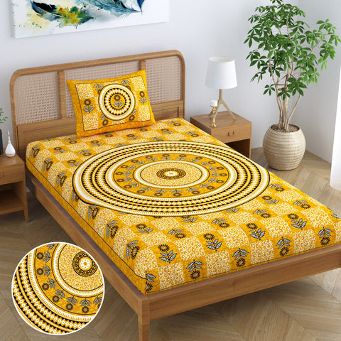 SheetKart Blossoms 100% Pure Cotton Jaipuri Printed Bedsheet for Single Bed with 1 Pillow Cover, Traditional Ethnic Bed Cover - Supper Yellow