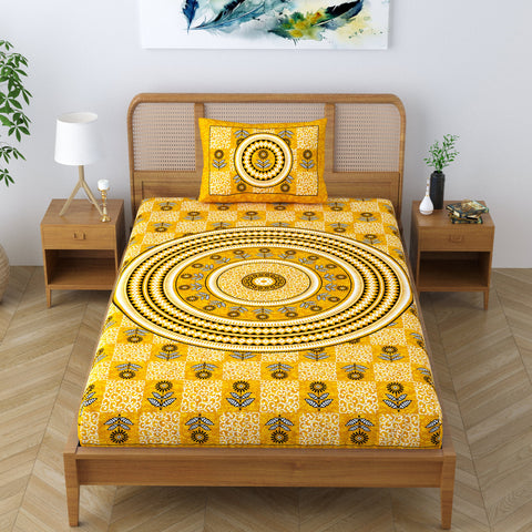 SheetKart Blossoms 100% Pure Cotton Jaipuri Printed Bedsheet for Single Bed with 1 Pillow Cover, Traditional Ethnic Bed Cover - Supper Yellow