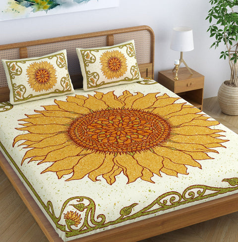 SheetKart Sunflower Mandala 100% Cotton Double Bedsheet Jaipuri Printed Bed Cover King Size with 2 Pillow Covers, Yellow 