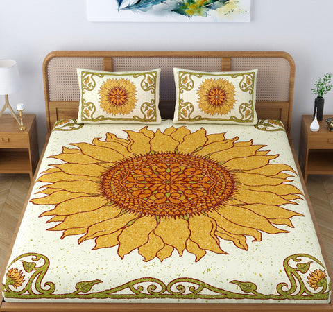 SheetKart Sunflower Mandala 100% Cotton Double Bedsheet Jaipuri Printed Bed Cover King Size with 2 Pillow Covers, Yellow 