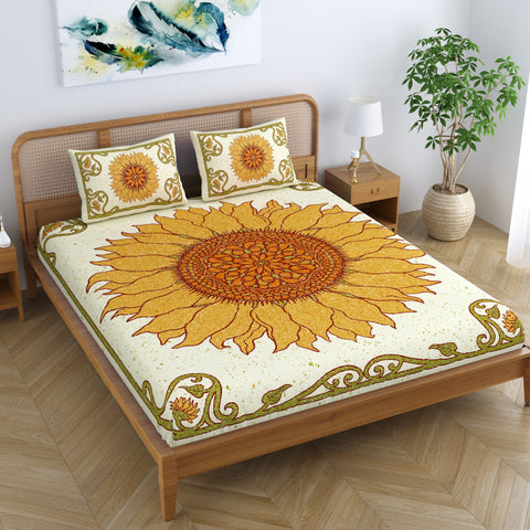 SheetKart Sunflower Mandala 100% Cotton Double Bedsheet Jaipuri Printed Bed Cover King Size with 2 Pillow Covers, Yellow 