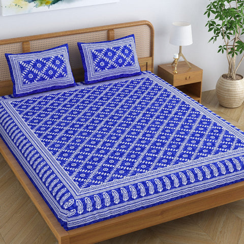 SheetKart Floral Square 100% Cotton Bedsheet for Double Bed King Size with 2 Pillow Covers Jaipuri Printed Bed Cover - Sapphire Blue 