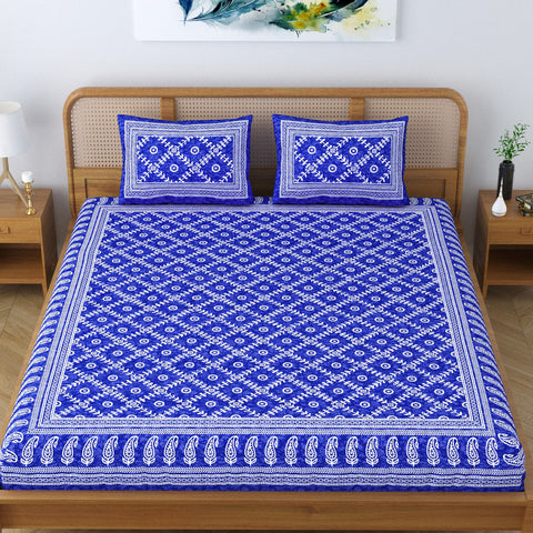 SheetKart Floral Square 100% Cotton Bedsheet for Double Bed King Size with 2 Pillow Covers Jaipuri Printed Bed Cover - Sapphire Blue 