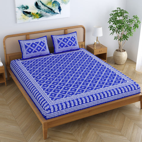 SheetKart Floral Square 100% Cotton Bedsheet for Double Bed King Size with 2 Pillow Covers Jaipuri Printed Bed Cover - Sapphire Blue 