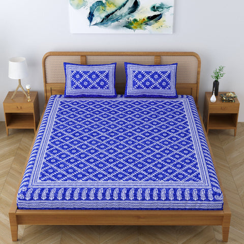 SheetKart Floral Square 100% Cotton Bedsheet for Double Bed King Size with 2 Pillow Covers Jaipuri Printed Bed Cover - Sapphire Blue 