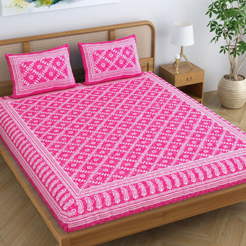 SheetKart Floral Square 100% Cotton Bedsheet for Double Bed King Size with 2 Pillow Covers Jaipuri Printed Bed Cover - Pink Pearl 