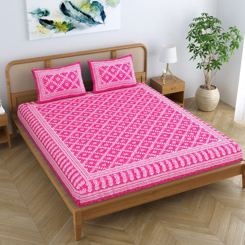 SheetKart Floral Square 100% Cotton Bedsheet for Double Bed King Size with 2 Pillow Covers Jaipuri Printed Bed Cover - Pink Pearl 