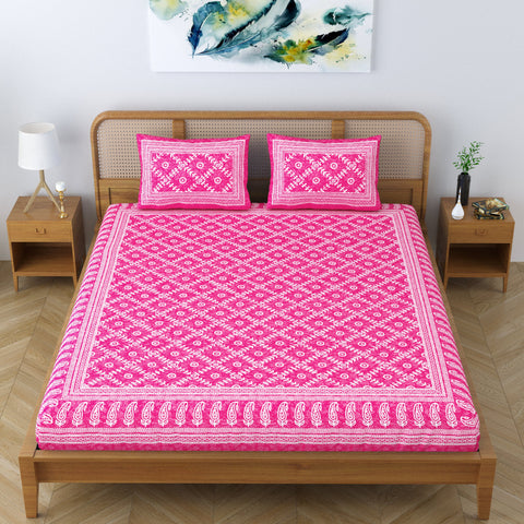 SheetKart Floral Square 100% Cotton Bedsheet for Double Bed King Size with 2 Pillow Covers Jaipuri Printed Bed Cover - Pink Pearl 