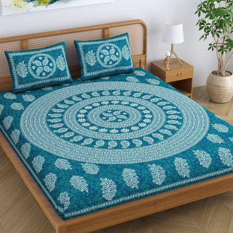 SheetKart Floral Mandala 100% Cotton Bedsheet for Double Bed King Size with 2 Pillow Covers Jaipuri Printed Bed Cover - Sea Green 