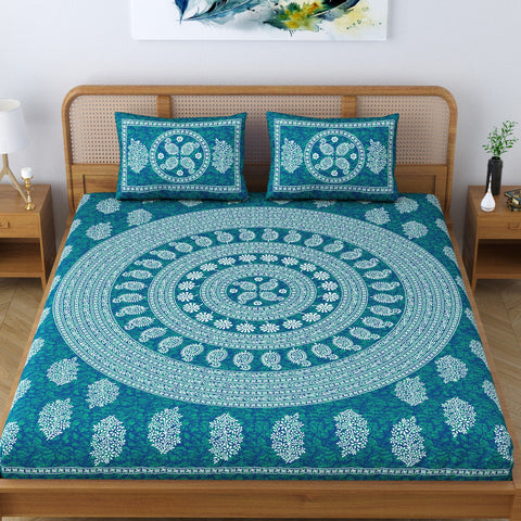 SheetKart Floral Mandala 100% Cotton Bedsheet for Double Bed King Size with 2 Pillow Covers Jaipuri Printed Bed Cover - Sea Green 