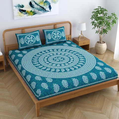 SheetKart Floral Mandala 100% Cotton Bedsheet for Double Bed King Size with 2 Pillow Covers Jaipuri Printed Bed Cover - Sea Green 