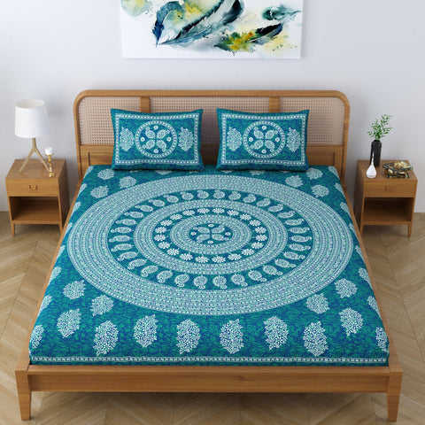 SheetKart Floral Mandala 100% Cotton Bedsheet for Double Bed King Size with 2 Pillow Covers Jaipuri Printed Bed Cover - Sea Green 