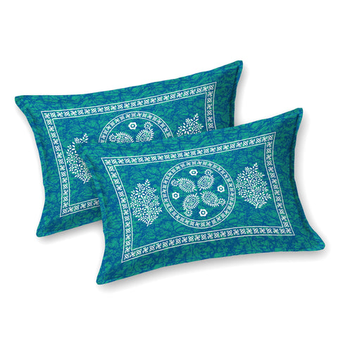 SheetKart Floral Mandala 100% Cotton Bedsheet for Double Bed King Size with 2 Pillow Covers Jaipuri Printed Bed Cover - Sea Green 
