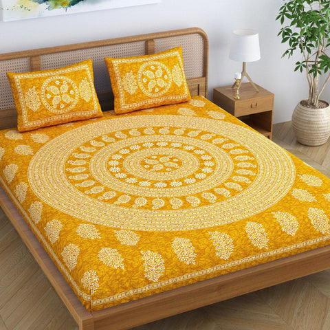 SheetKart Floral Mandala 100% Cotton Bedsheet for Double Bed King Size with 2 Pillow Covers Jaipuri Printed Bed Cover - Chrome Yellow 
