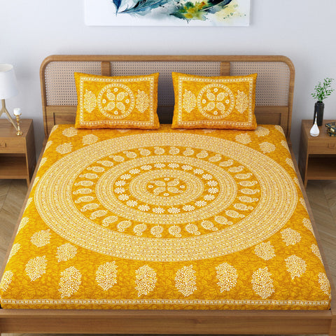 SheetKart Floral Mandala 100% Cotton Bedsheet for Double Bed King Size with 2 Pillow Covers Jaipuri Printed Bed Cover - Chrome Yellow 