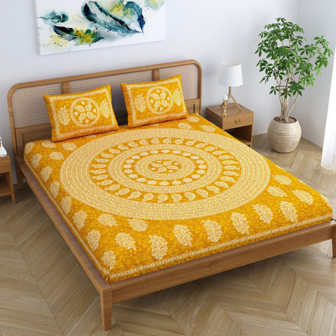 SheetKart Floral Mandala 100% Cotton Bedsheet for Double Bed King Size with 2 Pillow Covers Jaipuri Printed Bed Cover - Chrome Yellow 