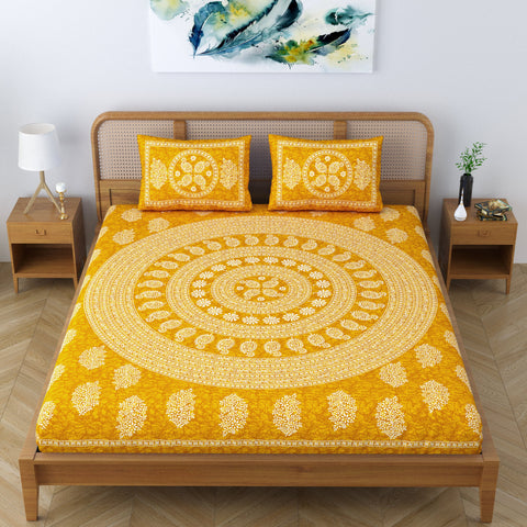 SheetKart Floral Mandala 100% Cotton Bedsheet for Double Bed King Size with 2 Pillow Covers Jaipuri Printed Bed Cover - Chrome Yellow 