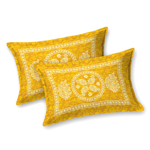 SheetKart Floral Mandala 100% Cotton Bedsheet for Double Bed King Size with 2 Pillow Covers Jaipuri Printed Bed Cover - Chrome Yellow 