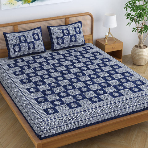 SheetKart Lily Floral Square 100% Cotton Bedsheet for Double Bed King Size with 2 Pillow Covers Jaipuri Printed Bed Cover - Navy Blue 