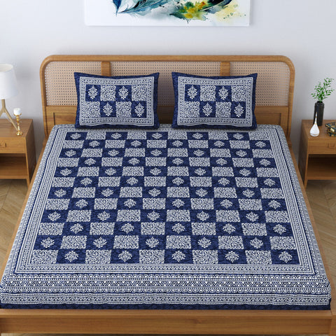 SheetKart Lily Floral Square 100% Cotton Bedsheet for Double Bed King Size with 2 Pillow Covers Jaipuri Printed Bed Cover - Navy Blue 