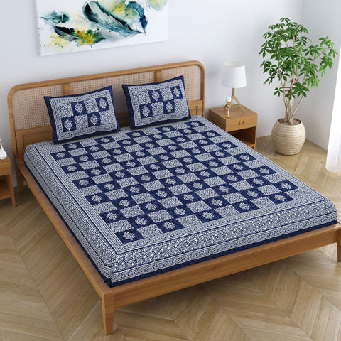 SheetKart Lily Floral Square 100% Cotton Bedsheet for Double Bed King Size with 2 Pillow Covers Jaipuri Printed Bed Cover - Navy Blue 
