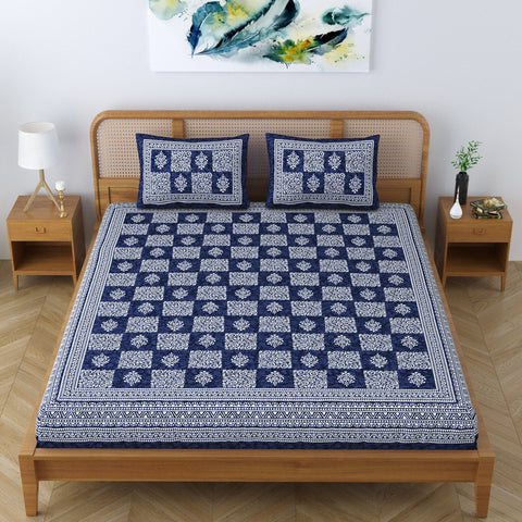 SheetKart Lily Floral Square 100% Cotton Bedsheet for Double Bed King Size with 2 Pillow Covers Jaipuri Printed Bed Cover - Navy Blue 