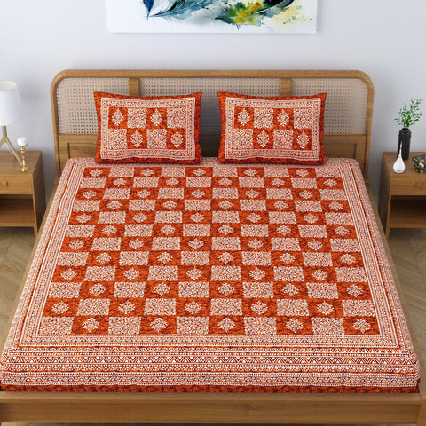 SheetKart Lily Floral Square 100% Cotton Bedsheet for Double Bed King Size with 2 Pillow Covers Jaipuri Printed Bed Cover - Candy Red 