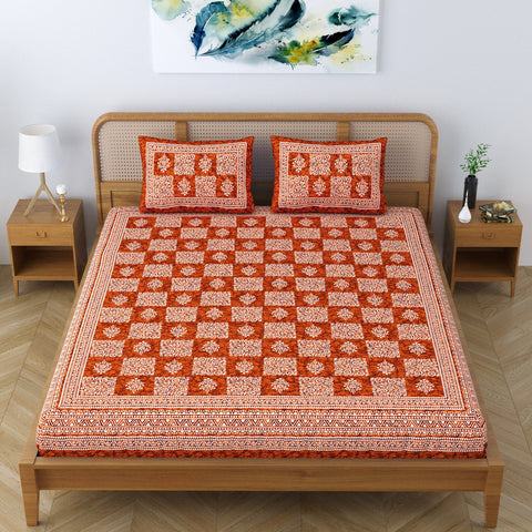SheetKart Lily Floral Square 100% Cotton Bedsheet for Double Bed King Size with 2 Pillow Covers Jaipuri Printed Bed Cover - Candy Red 