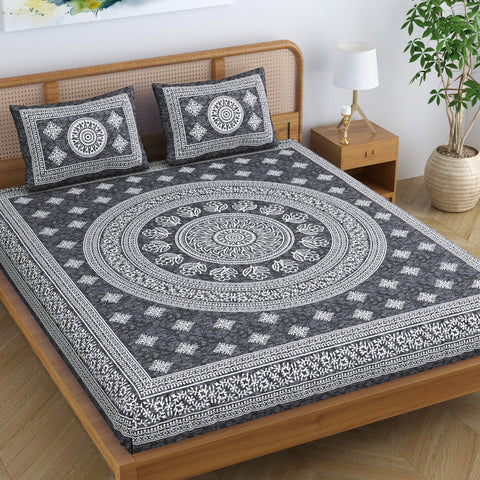 SheetKart Floral Lily Mandala 100% Cotton Bedsheet for Double Bed King Size with 2 Pillow Covers Jaipuri Printed Bed Cover - Charcoal Grey 