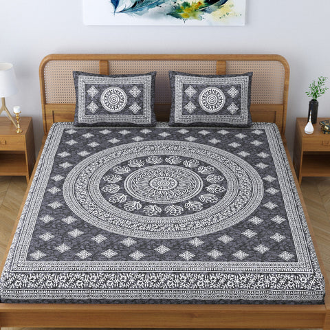 SheetKart Floral Lily Mandala 100% Cotton Bedsheet for Double Bed King Size with 2 Pillow Covers Jaipuri Printed Bed Cover - Charcoal Grey 