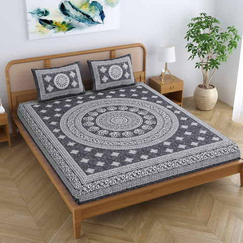 SheetKart Floral Lily Mandala 100% Cotton Bedsheet for Double Bed King Size with 2 Pillow Covers Jaipuri Printed Bed Cover - Charcoal Grey 
