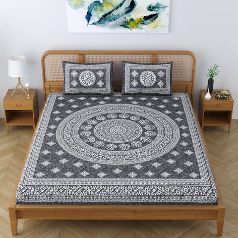 SheetKart Floral Lily Mandala 100% Cotton Bedsheet for Double Bed King Size with 2 Pillow Covers Jaipuri Printed Bed Cover - Charcoal Grey 