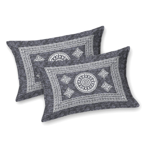 SheetKart Floral Lily Mandala 100% Cotton Bedsheet for Double Bed King Size with 2 Pillow Covers Jaipuri Printed Bed Cover - Charcoal Grey 