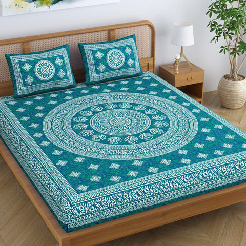 SheetKart Floral Lily Mandala 100% Cotton Bedsheet for Double Bed King Size with 2 Pillow Covers Jaipuri Printed Bed Cover - Sea Green 