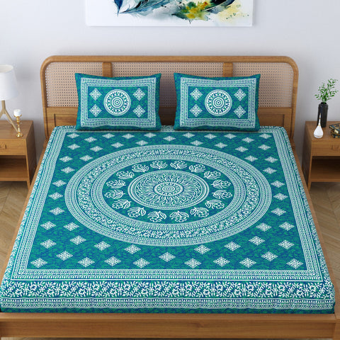 SheetKart Floral Lily Mandala 100% Cotton Bedsheet for Double Bed King Size with 2 Pillow Covers Jaipuri Printed Bed Cover - Sea Green 