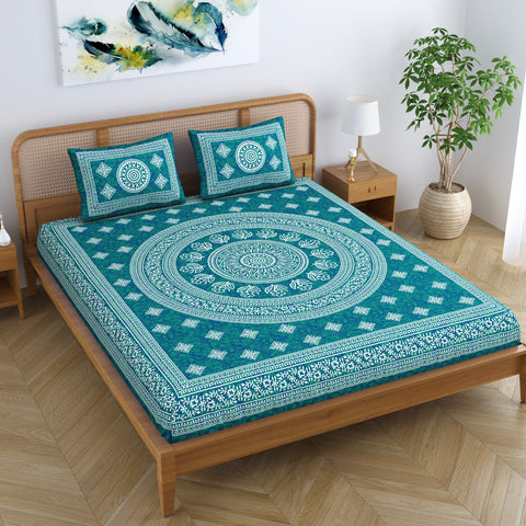 SheetKart Floral Lily Mandala 100% Cotton Bedsheet for Double Bed King Size with 2 Pillow Covers Jaipuri Printed Bed Cover - Sea Green 