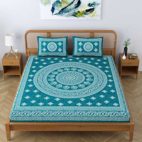 SheetKart Floral Lily Mandala 100% Cotton Bedsheet for Double Bed King Size with 2 Pillow Covers Jaipuri Printed Bed Cover - Sea Green 
