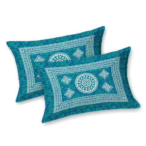 SheetKart Floral Lily Mandala 100% Cotton Bedsheet for Double Bed King Size with 2 Pillow Covers Jaipuri Printed Bed Cover - Sea Green 