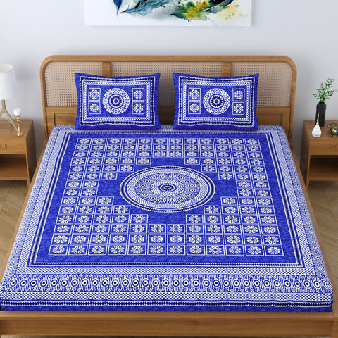SheetKart Floral Leads 100% Cotton Bedsheet for Double Bed King Size with 2 Pillow Covers Jaipuri Printed Bed Cover - Sapphire Blue 