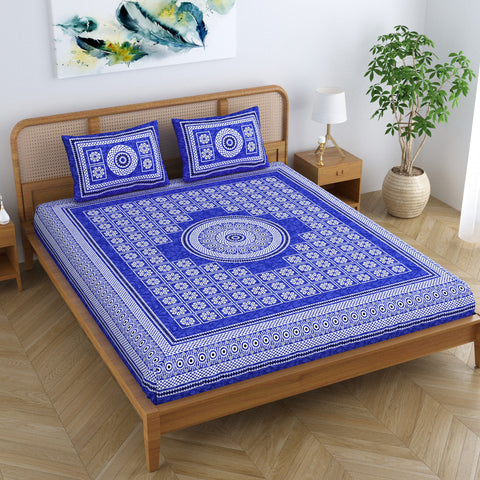 SheetKart Floral Leads 100% Cotton Bedsheet for Double Bed King Size with 2 Pillow Covers Jaipuri Printed Bed Cover - Sapphire Blue 