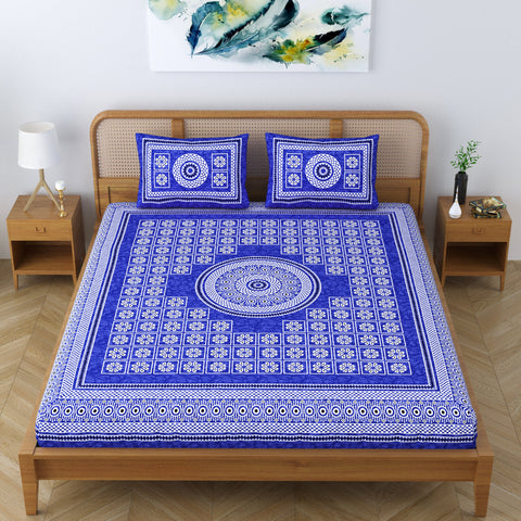 SheetKart Floral Leads 100% Cotton Bedsheet for Double Bed King Size with 2 Pillow Covers Jaipuri Printed Bed Cover - Sapphire Blue 