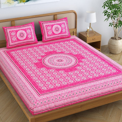 SheetKart Floral Leads 100% Cotton Bedsheet for Double Bed King Size with 2 Pillow Covers Jaipuri Printed Bed Cover - Pink Pearl 