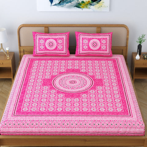 SheetKart Floral Leads 100% Cotton Bedsheet for Double Bed King Size with 2 Pillow Covers Jaipuri Printed Bed Cover - Pink Pearl 